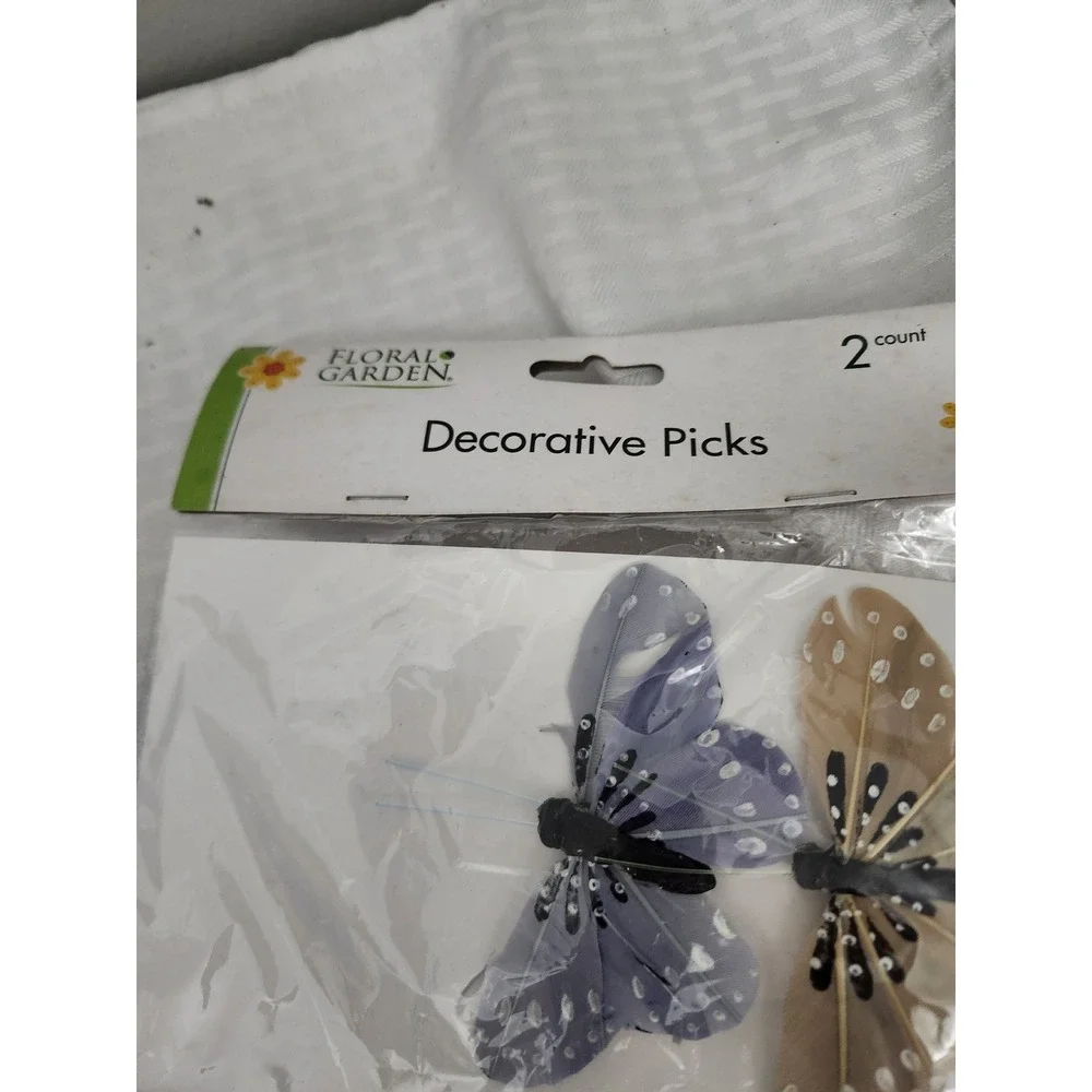 Floral Garden Butterfly Decorative Picks 2 Count Feather Wings Lavender Tan